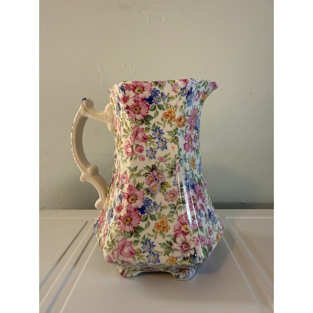 Laura Chintz Staffordshire England Floral Pitcher cottage boho vintage pink blue